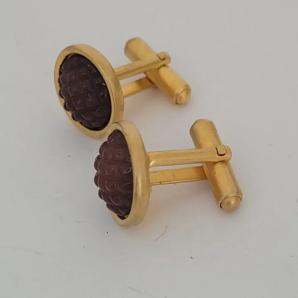 Anne Klein Gold Brown Cabochon Tone Cufflinks Vintage Round Retro Bullet